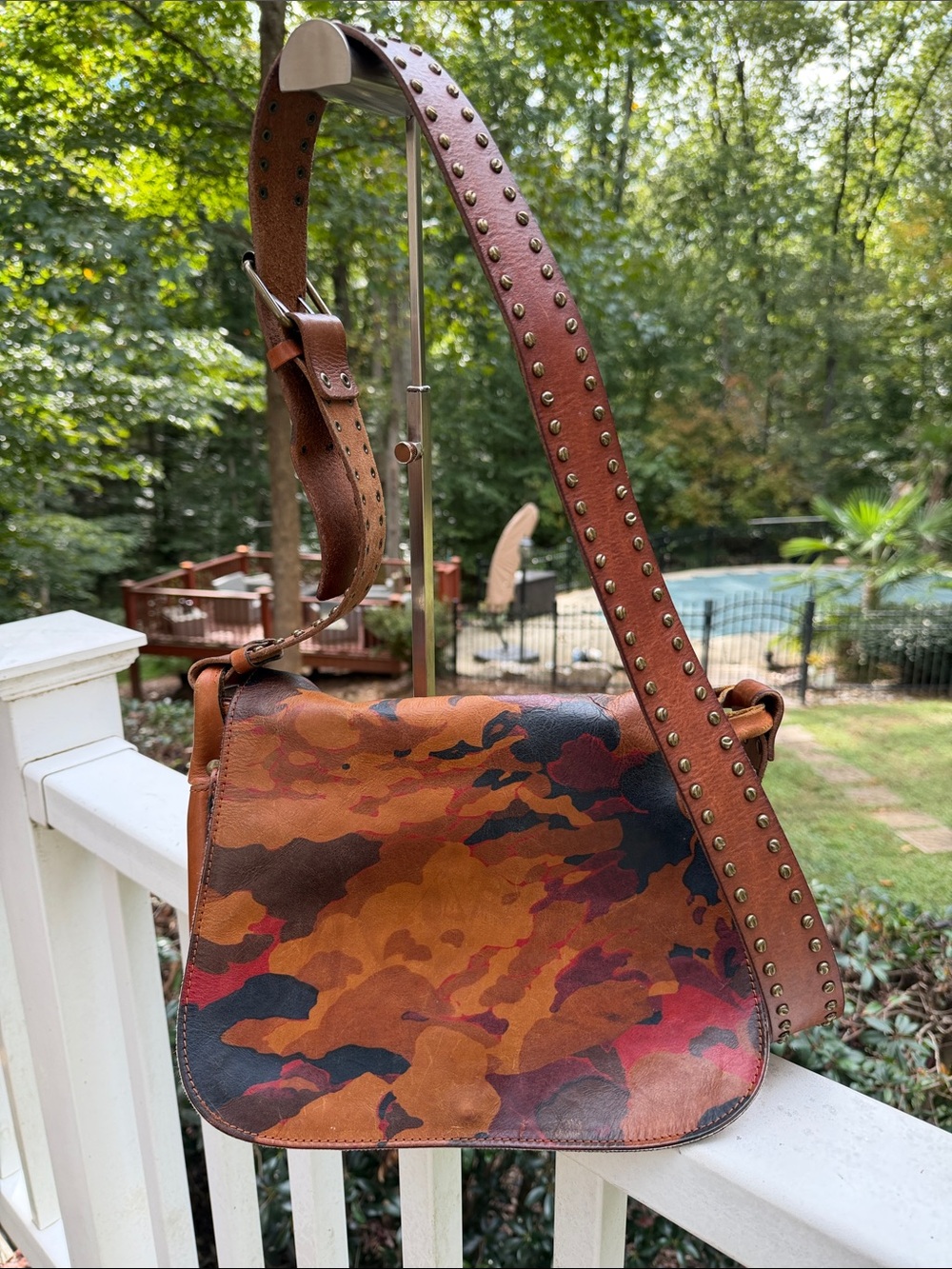 Patricia Nash Rosa Flap Saddle Bag in Parisian Camo Leather with Studded Strap